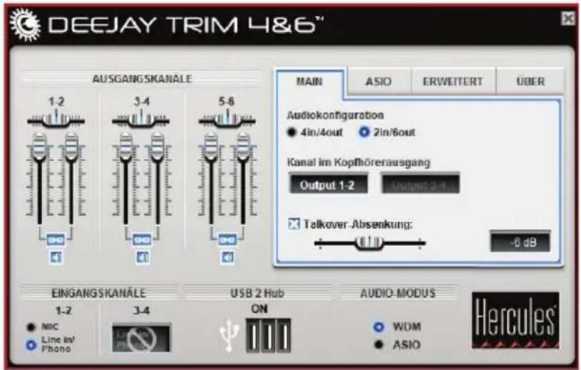 DEEJAY TRIM 4&6" AUSGANGSKANÄLE 1-2 3-4 5-6 MAIN ASIO ERWEITERT ÜBER Audiokonfiguration ● 4in/4out ● 2in/6out Kanal im Kopfhörerausgang Output 1-2 Output 2-4 Talkover -Absenkung: -6 dB EINGANGSKANÄLE 1-2 MIC Line in/ Phone USB 2 Hub ON AUDIO-MODUS WDM ASIO Hercules®