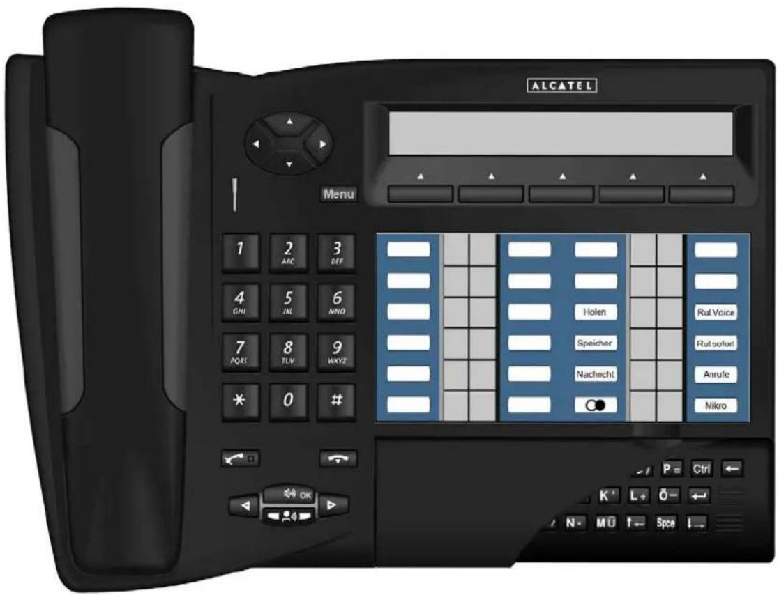 ALCATEL Menu 1 2 3 AIC DEF 4 5 6 CHI JKL MNO 7 8 9 PQRS TLW WAY? * 0 # Holen Speicher Nachrecht Rul Voice Rut sofort Anrufe Mikro OK P = Ctrl ← K L 0 - N- MÜ ↑← Spee ↓→