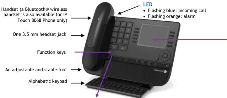 Handset (a Bluetooth® wireless handset is also available for IP Touch 8068 Phone only) One 3.5 mm headset jack Function keys An adjustable and stable foot Alphabetic keypad LED • Flashing blue: incoming call • Flashing orange: alarm