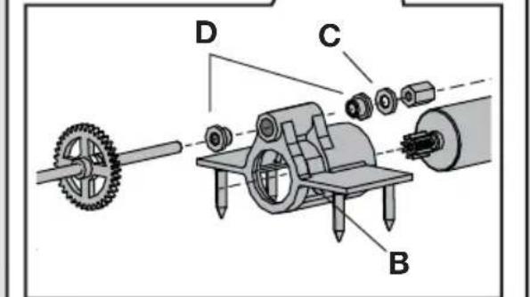 Technical diagram of a mechanical assembly with labeled components A, B, C, and D