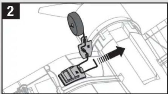 Mechanical assembly diagram showing a lever mechanism with an arrow indicating motion direction (no text or symbols present)