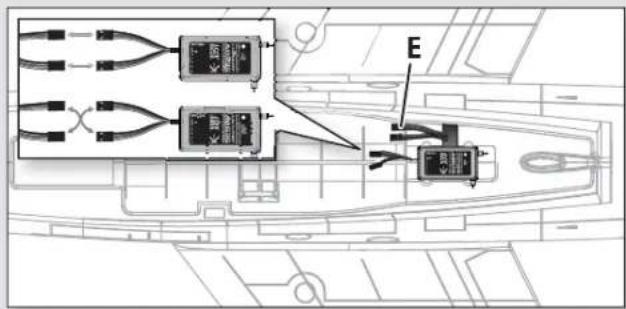 Diagram showing electrical connections between two devices labeled E, with multiple input/output lines and a central component.