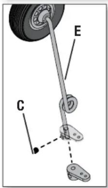 Diagram of a mechanical assembly with labeled parts C, E, and a dashed line indicating a reference or alignment point.