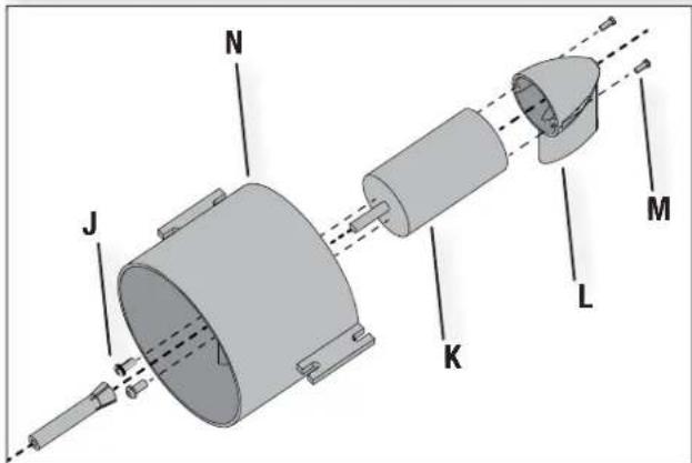 Technical diagram of a mechanical assembly with labeled components including N, J, K, L, M, and directional arrows indicating motion or force.