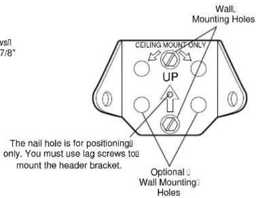 Wall Mounting Holes 7/8" CEILING MOUNT ONLY UP The nail hole is for positioning only. You must use lag screws to mount the header bracket. Optional Wall Mounting Holes