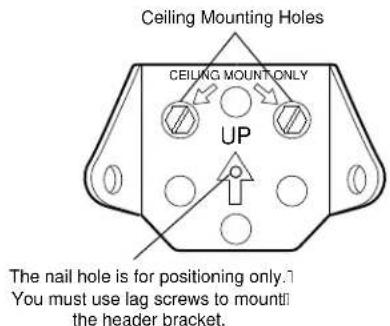 Ceiling Mounting Holes CEILING MOUNT ONLY UP The nail hole is for positioning only. You must use lag screws to mount the header bracket.
