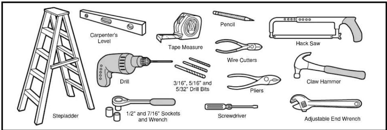 Carpenter's Level Tape Measure Pencil Hack Saw Drill 3/16", 5/16" and 5/32" Drill Bits Pliers Claw Hammer Stepladder 1/2" and 7/16" Sockets and Wrench Screwdriver Adjustable End Wrench