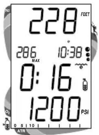 228 FEET 286 10:38 MAX 0:16 1200 PSI 0 5 10 O₂ ATR