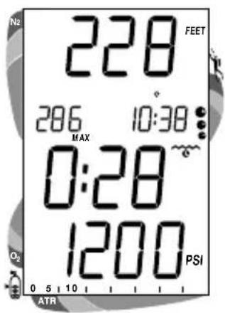 N2 228 FEET 206 10:38 MAX 0:28 1200 PSI 0 5 10 O₂ ATR