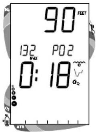 90 FEET 132 P02 MAX 0:18 O₂ ATR