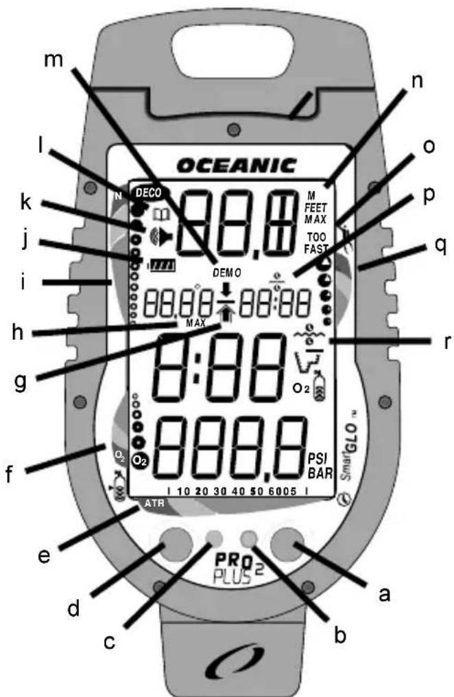 m l k j i h g f e d c n o p q r OCEANIC DECO 98.0 M FEET MAX TOO FAST DEMO 8:88 O2 888.0 PSI BAR ATR Sma#GLO™ PRO PLUS 2 a b