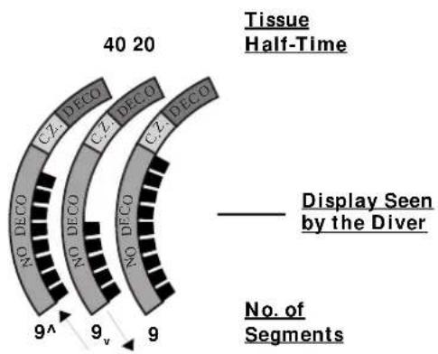 40 20 Tissue Half-Time CZ. DECO CZ. DECO CZ. DECO NO DECO NO DECO NO DECO 9^ 9_v 9 Display Seen by the Diver No. of Segments