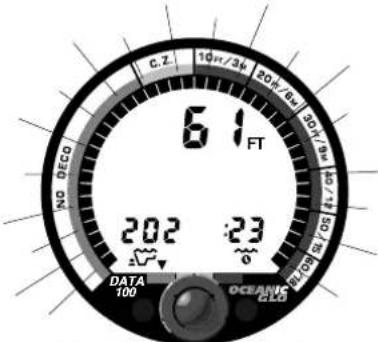 C.Z. 10°F/34 20°F/6m 30°F/9m 61 FT NO DECO 202 :23 DATA 100 OCEANS GND