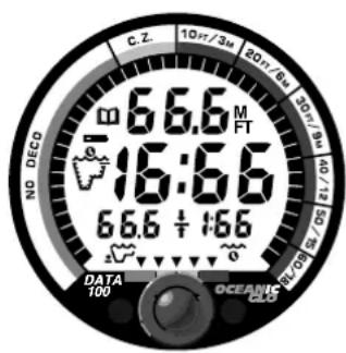 C.Z. 10m/3m 20m/6m 30m/8m 41/10m 51/12m 66.6 M FT 16:66 66.6 ÷ 166 DATA 100 OCEAN 25°C