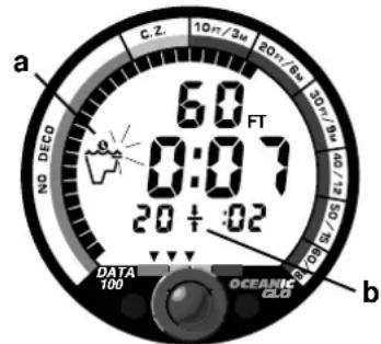 a 60 FT 0:07 20 ÷ 02 NO DECO DATA 100 OCEANIC GLO b