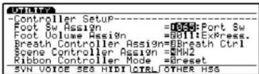 -Controller Setup-- Foot Sw Assign =1035:Port Sw Foot Volume Assign =8011:Express. Breath Controller Assign=8Breath Ctrl Scene Controller Assign=8MW2 Ribbon Controller Mode=8reset 5VN VOICE SEO MIDI CTRL OTHER MSG