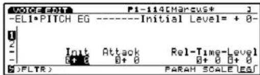 VOICE-ERT PI-114[Marcus*] -ELI·PITCH EG ----Initial Level= + 0- Init Attack Rel-Time-Level + 0 0+ 0 0+ 0 0+ 0 (2)FLTR) PARAM SCALE LED