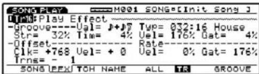 SONG PLAY [1:10:Play Effect -Groove----Uel= J+J5 Typ= 032:16 House Str= 32% Tim= 4% Uel= 176% Gat= 4% -Offset----Rate C1k= +768 Uel= + 0 Uel= 0% Gat= 176% Trns= - 1 SONG LPEX TOH NAME ALL TR GROOVE