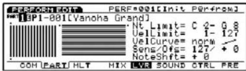 PERFORMEOT PERF-001[Init Perfrom] #BP1-001[Vanoha Grand] Nt Limit= C 2- G 8 VelLimit= 1- 127 VelCurve= norm Sens/Ofs = 127/ + 0 NoteShift= + 0 COH UART HLT MIX LVR SOUND CTRL PRE