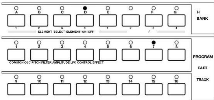 A B C D E F G 1 2 3 4 1 2 3 4 ELEMENT SELECT ELEMENT ON-OFF H BANK 1 2 3 4 5 6 7 8 COMMON OSC PITCH FILTER AMPLITUDE LFO CONTROL EFFECT PROGRAM PART TRACK 9 10 11 12 13 14 15 16