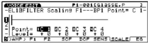 VOICE:01 F1-001[GLASSE,P J -EL10FILTER Scaling F1---BP1 Point= C 1- 2 Point= [C 1] BC 2 BC 3 BC 4 Level= + 0 + 0 + 0 + 0 2 >AMF> F1 F2 SOF DOF SENS SCALE EG
