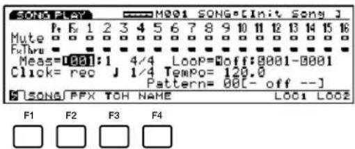 SONG PLAY M001 SONG[Init SONG J] F: F: 1 2 3 4 5 6 7 8 9 10 11 12 13 14 15 16 Mute Fatthru Meas=000:1 4/4 Loop=0off:0001-0001 Click= rec J 1/4 Tempo= 120.0 Pattern= 00[- off --] SONG PFX TOH NAME LOC1 LOC2 F1 F2 F3 F4