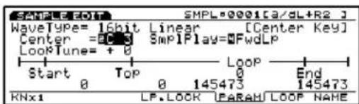 SAMPLE:001 SMPL=0001[ca/dL+R2] WaveType= 16bit Linear [Center Key] Center =0.3 SmplPlay=FwdLP LookTune= + 0 Start Top 0 End 0 145473 145473 KNx1 LP.LOCK UPARAH LOOP NAME