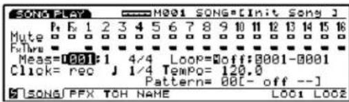 SONG PLAY M001 SONG[Init Song] F: F 1 2 3 4 5 6 7 8 9 10 11 12 13 14 15 16 Mute F:Thr Meas=0001:1 4/4 Loop=Off:0001-0001 Click= rec J 1/4 Tempo= 120.0 Pattern= 00[- off --] SONG PFX TOH NAME LOO1 LOO2