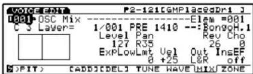 VOICE:001 C 3 Layer= 1/001 PRE 1410 ---Elem =001 Level Pan Rev Cho 127 R35 26 0 ExPLowLmt Uel Out InsEF 0 +25 L&R off (FIT) [ADD]DEL TUNE WAVE MIX ZONE