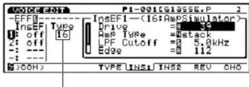 VOICE-REF P1-001[GLASSE,P] -EFFG InsEF Type Drive = 39 Amp Type = #stack LPF Cutoff = 5.8kHz Edge = 112 1: off 16 2: off - - - - - - >00H> TYPE INS1 INS2 REV CHO