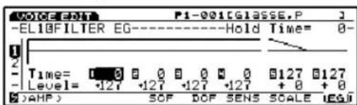 VOICE:OFF P1-001[GLASSE,P] -EL10FILTER EG----Hold Time= 0- 2 Time= 0 0 0 0 0 0 0 127 127 Level= -127 -127 -127 -127 + 0 + 0 (>AHP) SOF DOF SENS SCALE UEGS