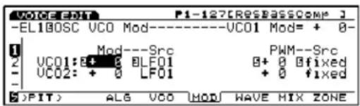 VOICE:01 P1-127[REGPASSCOMP] J -EL18OSC VCO Mod----VCO1 Mod= + 0- 1 Mod---Src PWM--Src 2 VCO1:0+ 0 BLF01 0+ 0 Bfixed - VCO2: + 0 LF01 + 0 B fixed 3 (PIT) ALG VCO MOD HAVE MIX ZONE