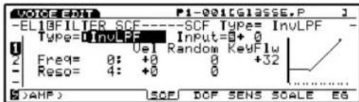 VOICE EDIT P1-001[GCLASSE,P] -ELIBFILTER SCF------SCF Type= InvLPF - Type=InvLPF Input=0+0 Freq= 0: +0 Random KeyFlw Reso= 4: +0 0 +32 ( )AMP SOF DOF SENS SCALE EG