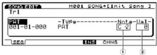 SONG-401 M001 SONG=[Init Sony J] Tr1 PAT 001-01-000 -Type PAT Note-Val- C -2 8 SEQ INS CHNG ① ②