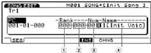 SONG-401 M001 SONG·[Init Sony] Tr1 PC 001-01-000 -Bank----Num-Name---- 000-000-001—I[Init Voic] SEQ INS CHNG ① ② ③ ④