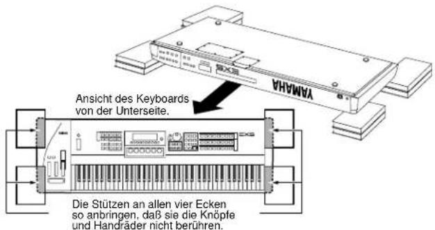 YAMAHA Ansicht des Keyboards von der Unterseite. Die Stützen an allen vier Ecken so anbringen, daß sie die Knöpfe und Handräder nicht berühren.