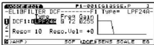 VOICE EDIT P1-001[GLASSE,P] -EL10FILTER DCF------F1 Type= LPF24A- Type Freq Gain DCF1:0LPF24F B T2 B255 Reso= 10 Reso. Vel= +0 ( )AHP > SOF UOCEI SENS SCALE EG