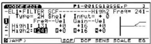 VOICE EDIT P1-001[GLASSE.P] -ELI*FILTER SCF----High2 Freq= 241- Type= 2H Shelf Input= + 0 Freq--Uel Gain--Uel High1: 131 +0 +16 +0 -High2:0241 0+0 0+16 0+0 ->AHP) SOF DOF SENS SCALE EG