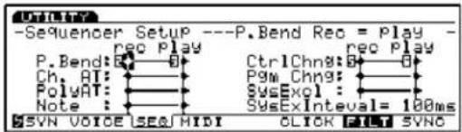 DUTLTF -Sequenor Setup ---P.Bend Rec = Play - P.Bend: recPlay Ch. AI: CtrlChng: Pgm Chng: PolyAT: SysExcl: Note: SysExlnteval=100ms #5VN VOICE SEQ/HIDI CLICK FLST SVNO