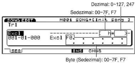SOGN EDIT M001 SONG[Init Sony J] Tr1 Exc1 001-01-000 Exc1 F0. SEQ INS CHNG Dezimal: 0~127, 247 Sedezimal: 00~7F, F7 Byte (Sedezimal): 00~7F, F7
