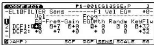 VOICE: 001 P1-001CGLASSE,P J -EL10FILTER Sens ----F1 Vel EG= +0- Vol Freq EG-Freq-Gain EOGth Randm KeyFlw 2 DCF1:0+2 8+7 8+0 8+0 8+0 8+32 - DCF2: +0 +7 +0 +0 +0 +32 - B)AMP SOF DOF SENS/SCALE EG