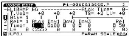 VOICE: 0 P1-001CGLASSE,P,J -ELIBAMP EG T,Vel= +0 +0 +0 TS= +2 LU= +0 Atk= 1 Rel= 1 Atck Doy1 Doy2 Doy3 Rel Time= 0 0 100 0 0 0 50 L= 0 (255) 0 0 0 (0) J:LFO PARAM SCALE(LEG)