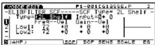 VOICE: E01 P1-001[GCLASSE,P] -ELIBFILTER SCF----SCF Type= 2L Shelf - Type=12L Shelf Input=5+0 Freq8--Vel Gain--Vel Low1: 72 +0 +0 +0 Low2: 72 +0 +0 +0 ( )AMP SCF DOF SENS SCALE EG