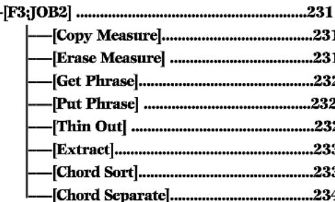 [F3:JOB2] .... 231 —[Copy Measure].... 231 —[Erase Measure].... 231 —[Get Phrase].... 232 —[Put Phrase].... 232 —[Thin Out].... 232 —[Extract].... 233 —[Chord Sort].... 233 —[Chord Separate].... 234
