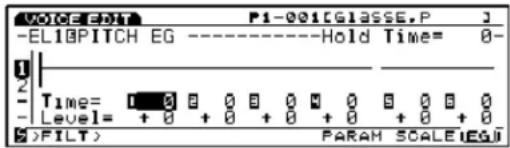 VOICE(F) P1-001CGLASSE.P J -EL10PITCH EG ----Hold Time= 0- 2 Time= 0 0 0 0 0 0 0 0 0 0 Level= + 0 + 0 + 0 + 0 + 0 + 0 FILT) PARAM SCALE(EG)