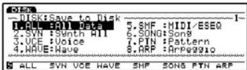 DISK:Save to Disk 1.ALL :All Data 5.SMF :MIDI/ESEQ 2.SYN :Synth All 6.SONG:Song 3.VCE :Voice 7.PTN :Pattern 4.HAVE:Wave 8.ARP :ArPeggio ALL SYN VOE WAVE SHF SONG PTN ARP