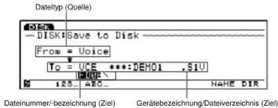 Dateltyp (Quelle) DISK — Disk: Save to Disk From = Voice To = VCE ***: DEM01 .S1U 128... ABC... NAME DIR Dateinummer/-bezeichnung (Ziel) Gerätebezeichnung/Dateiverzeichnis (Ziel)