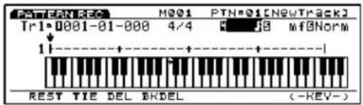 PATTERN REC M001 PTN=01[NEWTRACK] Tr1-0001-01-000 4/4 F:38 mf@Norm 1+----+----+----+ REST TIE DEL BKDEL (-KEV-)
