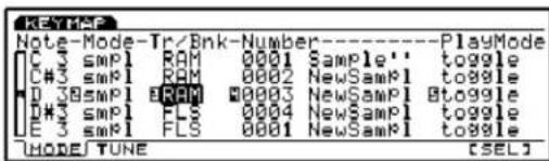 Note-Mode-Tr/Bnk-Number--------PlayMode C 3 smpl RAM 0001 Sample' ' toggle C#3 smpl RAM 0002 NewSampl toggle D 38 smpl E RAM 0003 NewSampl B toggle D#3 smpl FLS 0004 NewSampl toggle E 3 smpl FLS 0001 NewSampl toggle MODE TUNE [SEL]