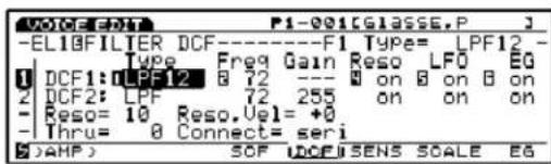 VOCF-EBIT P1-001[GLASSE,P] -EL10FILTER DCF------F1 Type= LPF12 - Type Freq Gain Reso LFO EG DCF1:0 LPF12 8 72 --- on 8 on 8 on DCF2: LPF 72 255 on on on Reso= 10 Reso.Usl= +0. Thru= 0 Connect= seri SOF UOFSENS SCALE EG